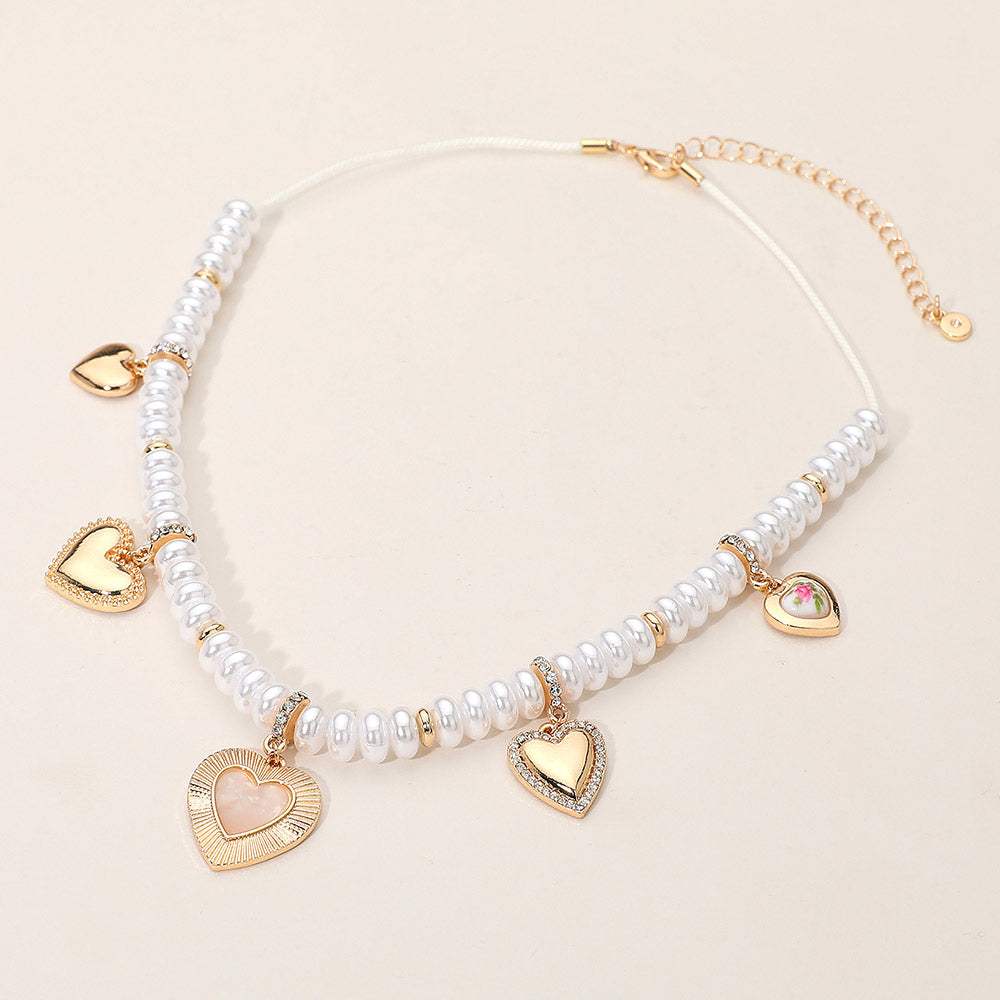 Multi Heart Charm Station Pearl Beaded Necklace - Madeline Love - Flyclothing LLC
