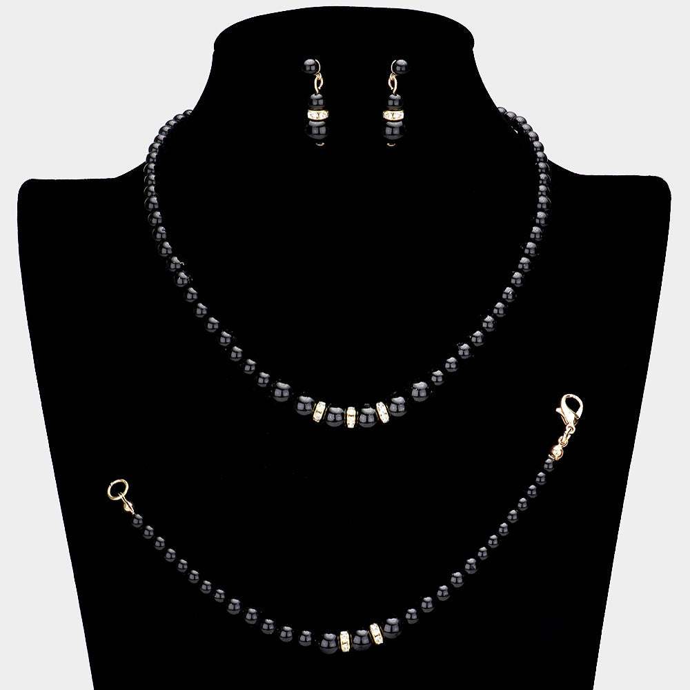 3PCS Crystal Detail Pearl Necklace Jewelry Set - Madeline Love - Flyclothing LLC