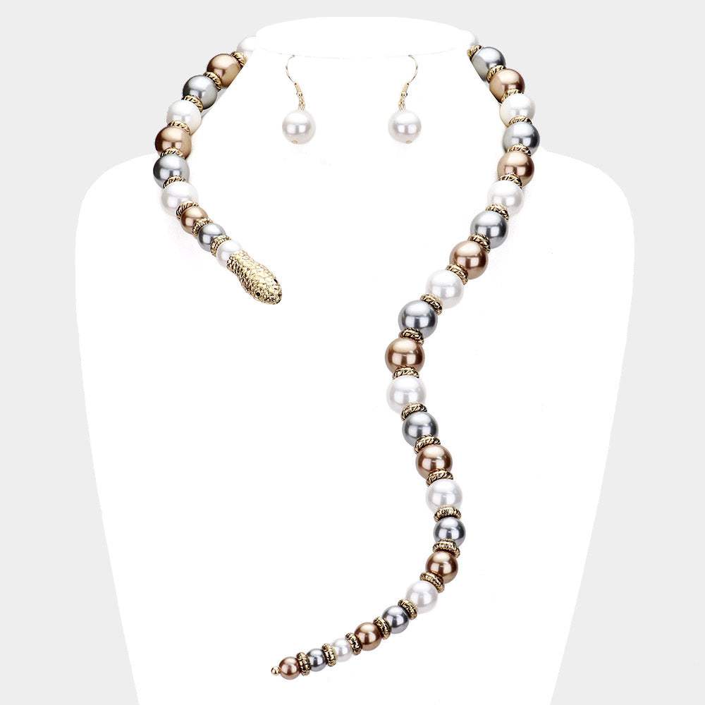 Pearl Beaded Snake Open Necklace - Madeline Love - Flyclothing LLC