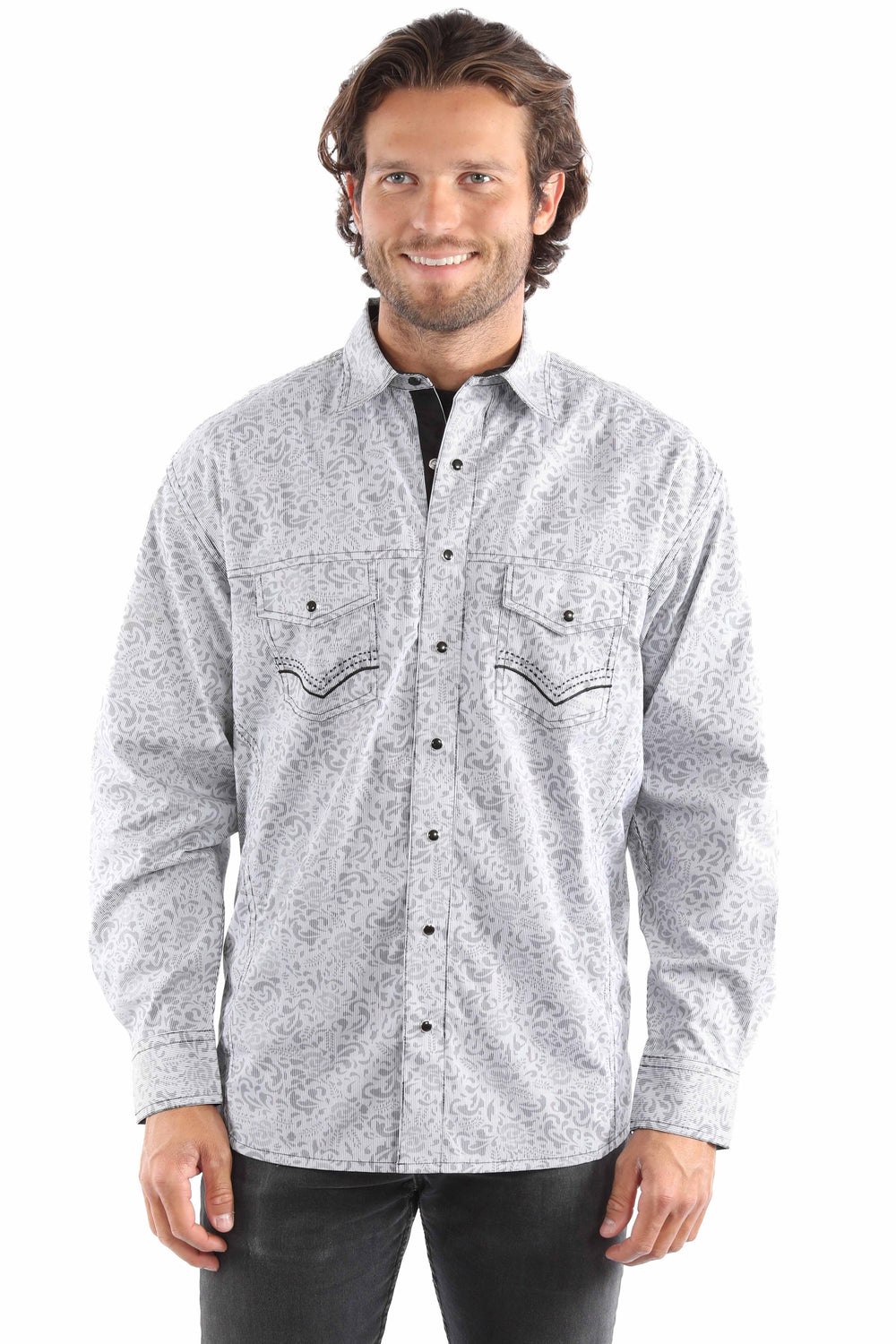 western scully grey 100% cotton stripe print signature shirt - Scully Leather