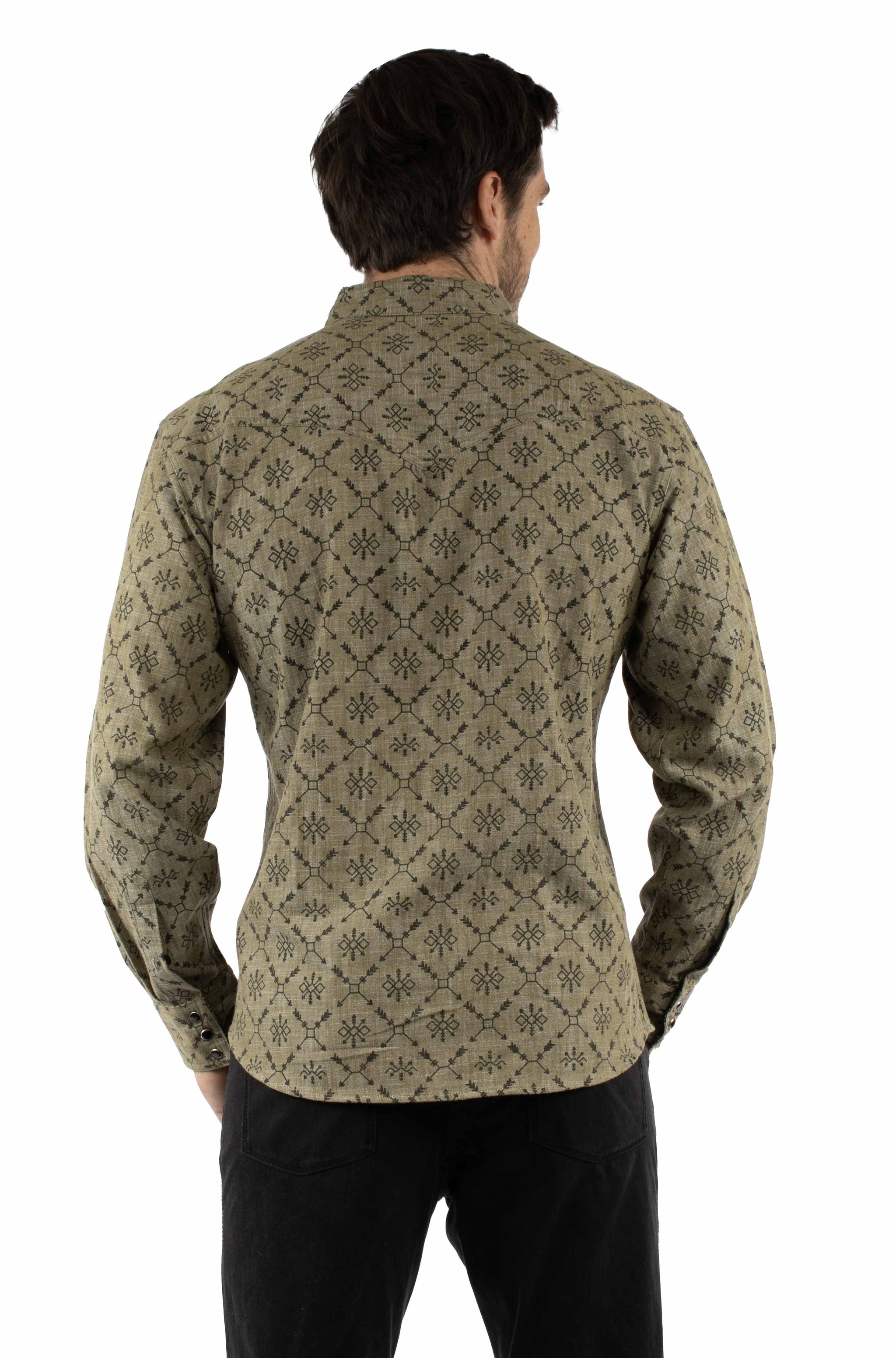 Western Scully 100% cotton Olive Arrow print chambray - Scully Leather - Flyclothing LLC