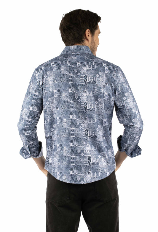 Scully Leather Blue  Polynesian print dress shirt