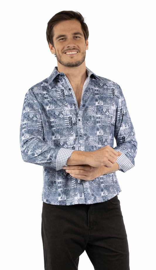 Scully Leather Blue  Polynesian print dress shirt