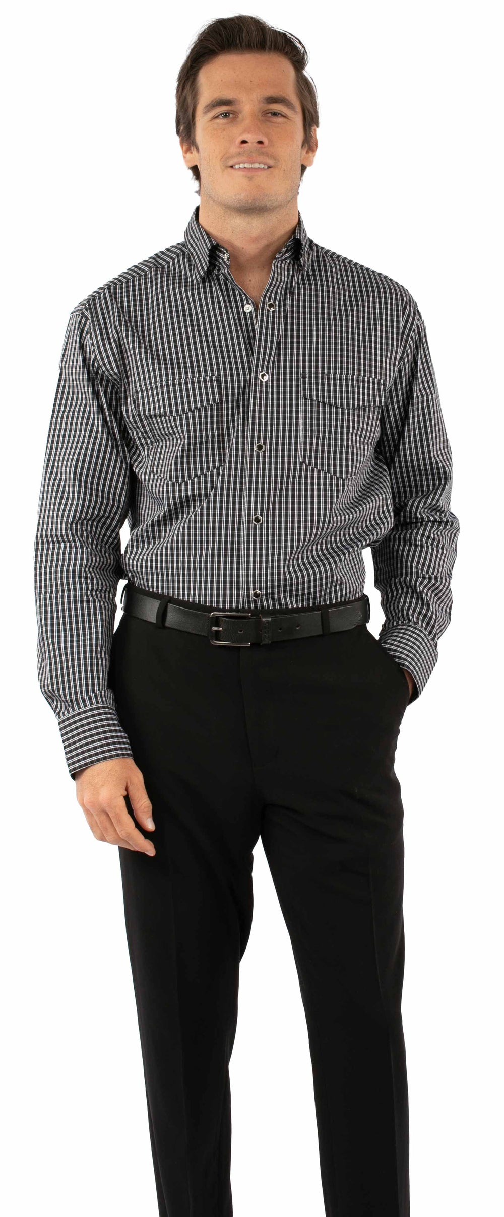 Western Scully 70% cotton 27% nylon 3% spandex Black Plaid dress shirt - Scully Leather