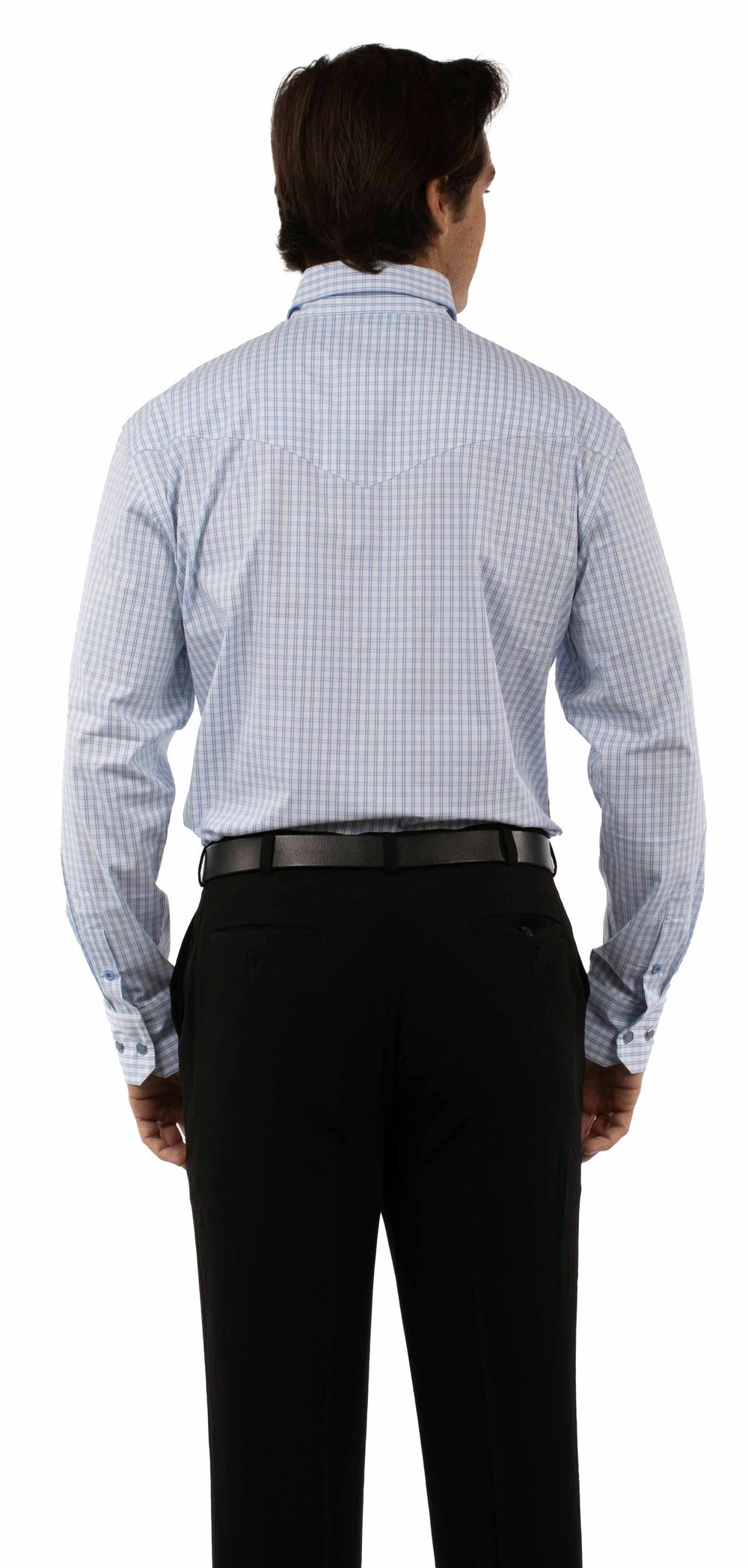 Western Scully 70% cotton 27% nylon 3% spandex Light blue Plaid dress shirt - Scully Leather - Flyclothing LLC