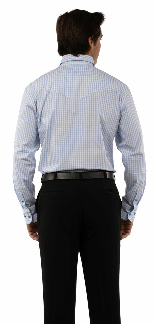 Western Scully 70% cotton 27% nylon 3% spandex Light blue Plaid dress shirt