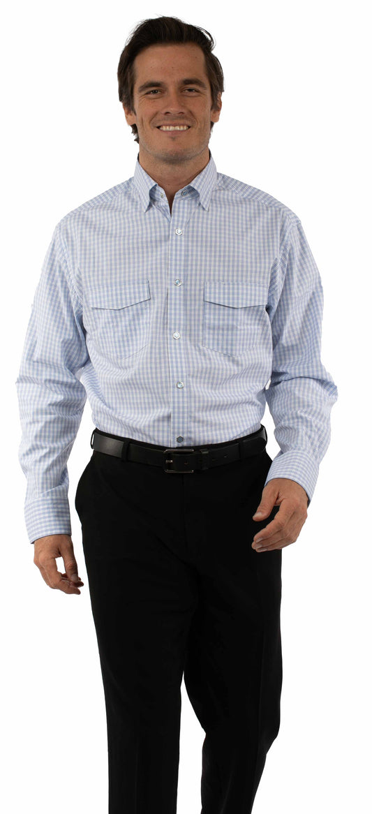 Western Scully 70% cotton 27% nylon 3% spandex Light blue Plaid dress shirt