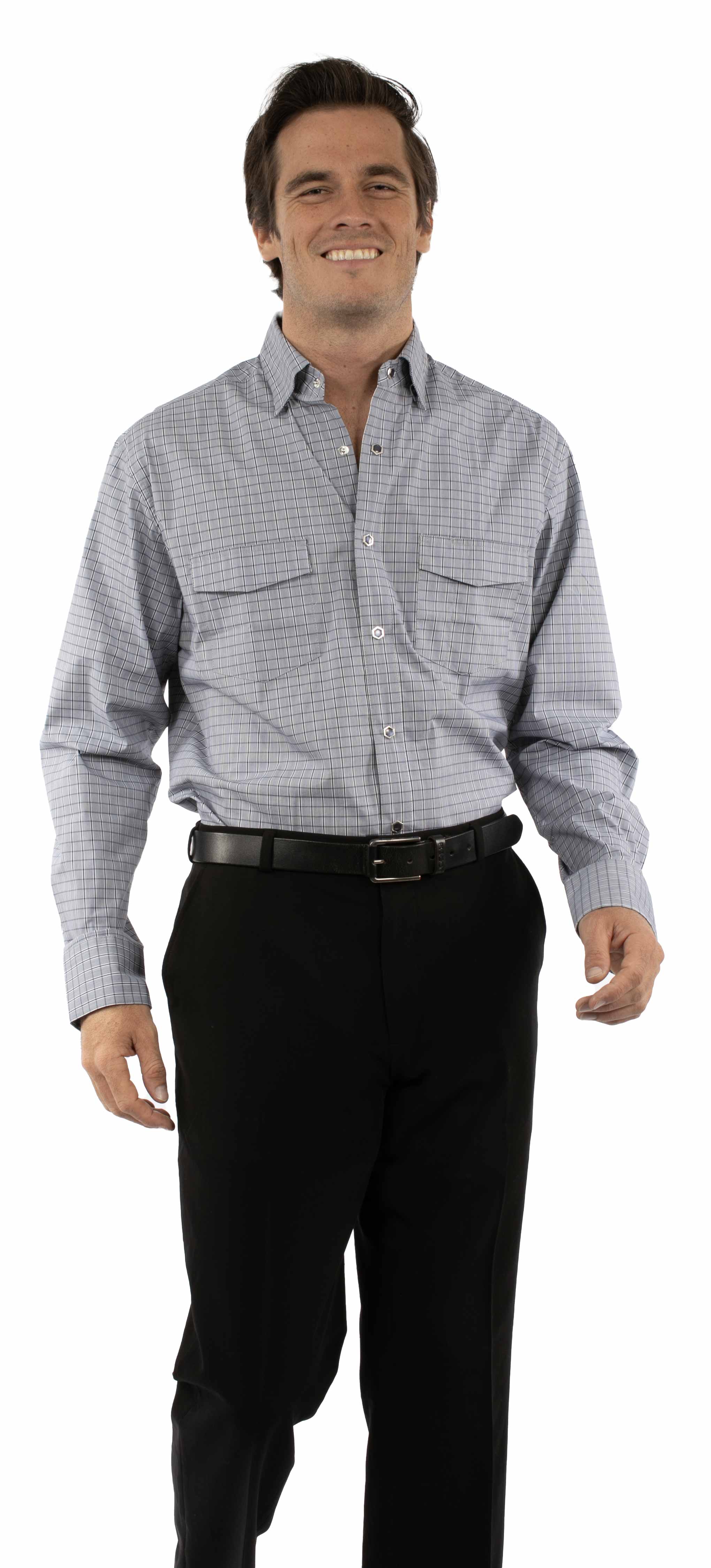 Western Scully 70% cotton 27% nylon 3% spandex Navy Plaid dress shirt