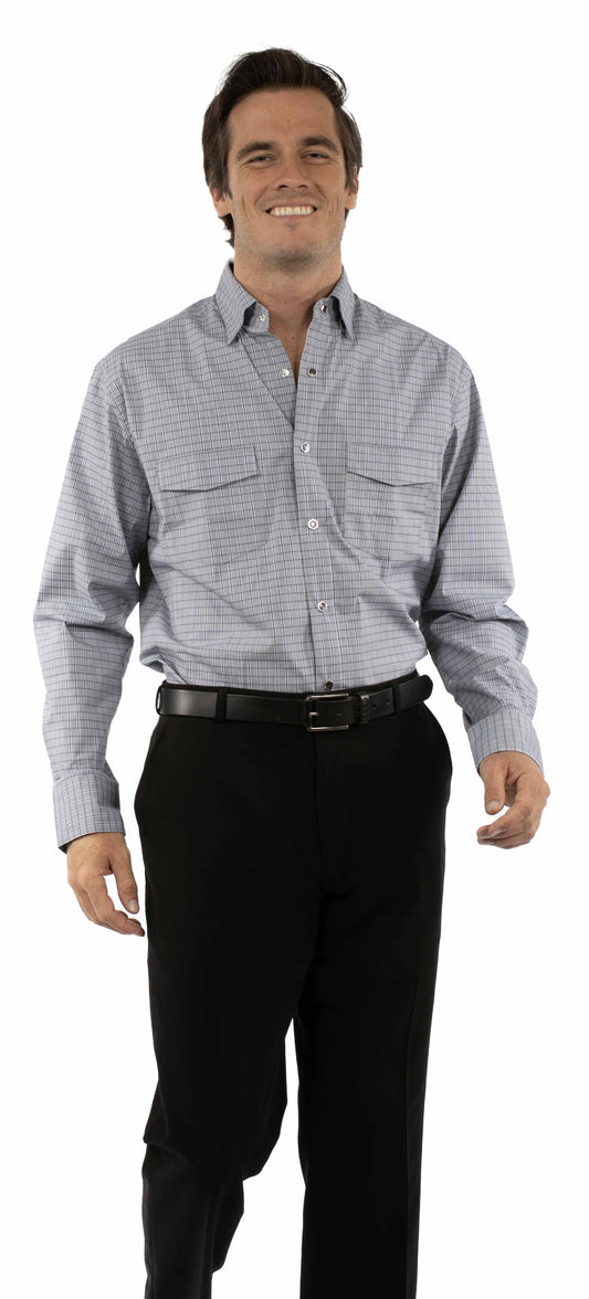 Western Scully 70% cotton 27% nylon 3% spandex Navy Plaid dress shirt