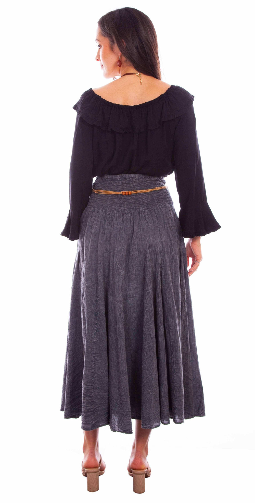 Cantina charcoal acid wash skirt w/beaded cord belt - Scully Leather - Flyclothing LLC