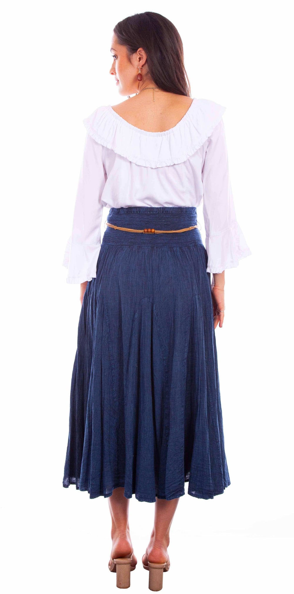 Cantina dark blue acid wash skirt w/beaded cord belt - Scully Leather - Flyclothing LLC