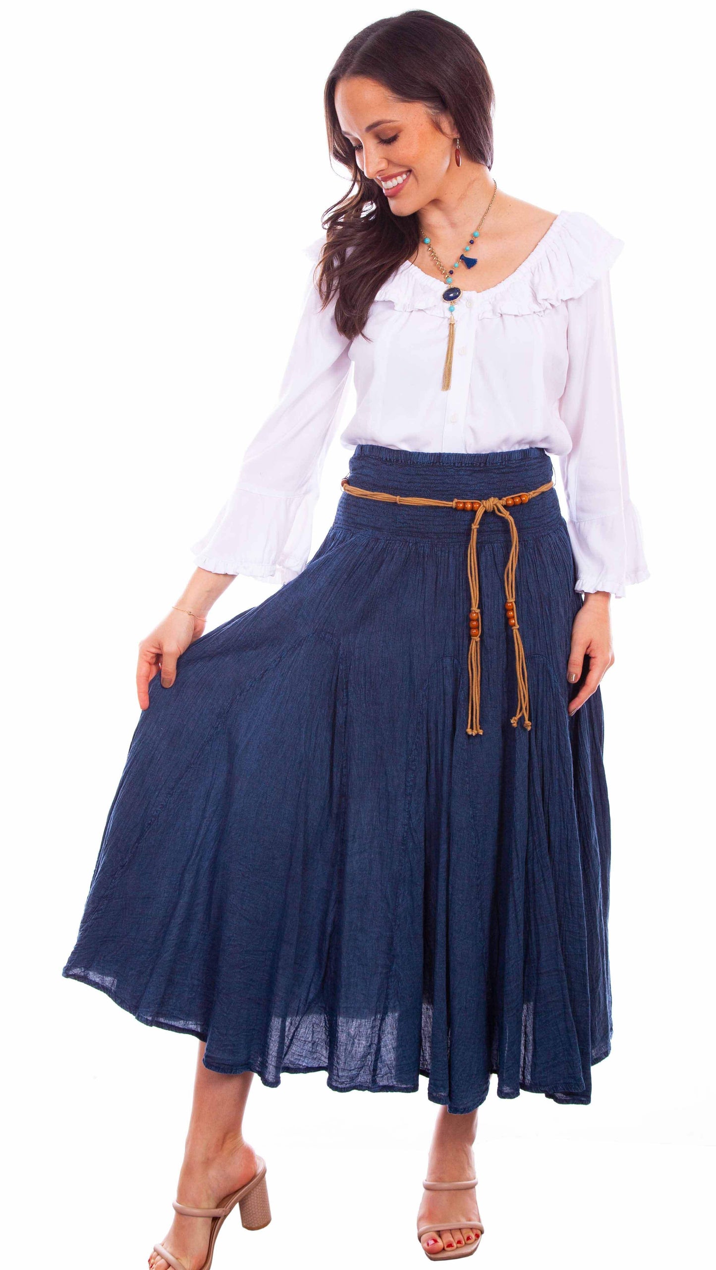 Cantina dark blue acid wash skirt w/beaded cord belt - Scully Leather - Flyclothing LLC