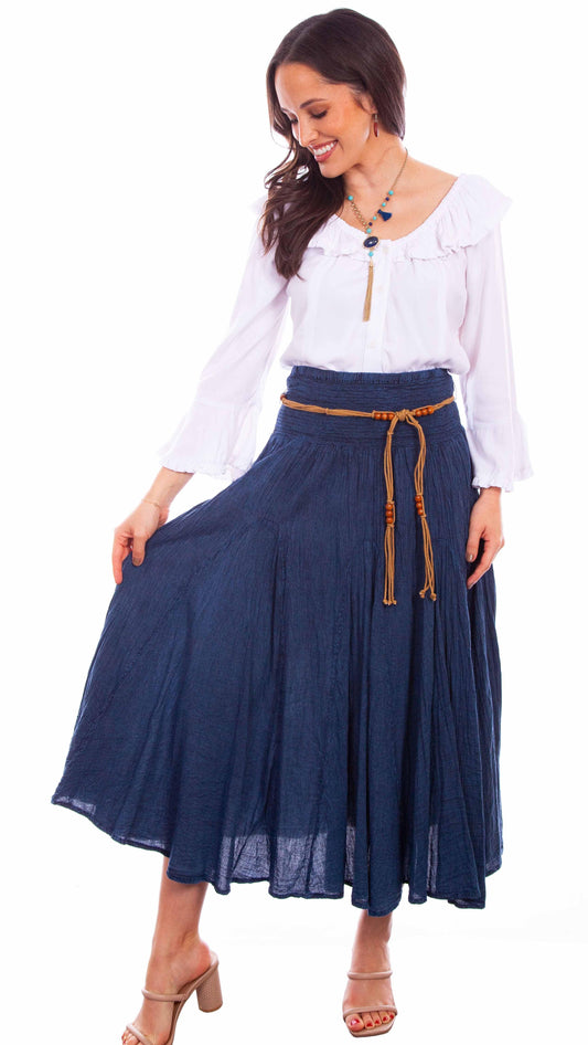 Cantina dark blue acid wash skirt w/beaded cord belt - Scully Leather
