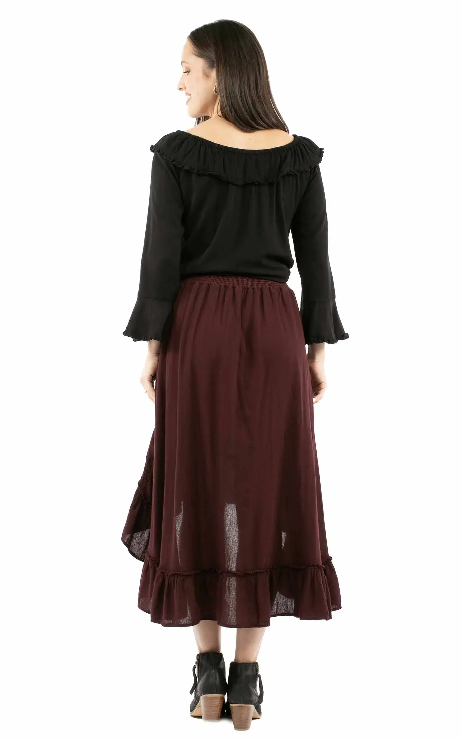 Cantina 100% cotton Burgundy Hi/lo skirt with ruffle bottom - Scully Leather - Flyclothing LLC