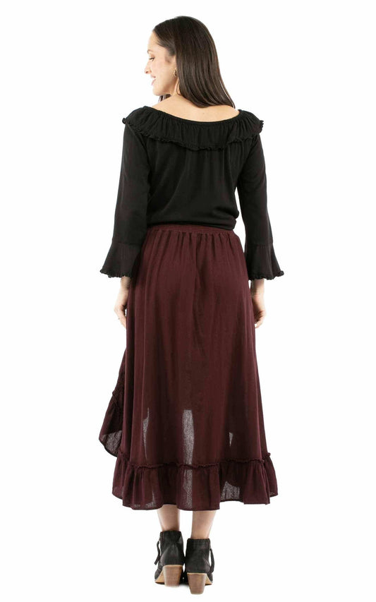 Cantina 100% cotton Burgundy Hi/lo skirt with ruffle bottom - Scully Leather - Flyclothing LLC