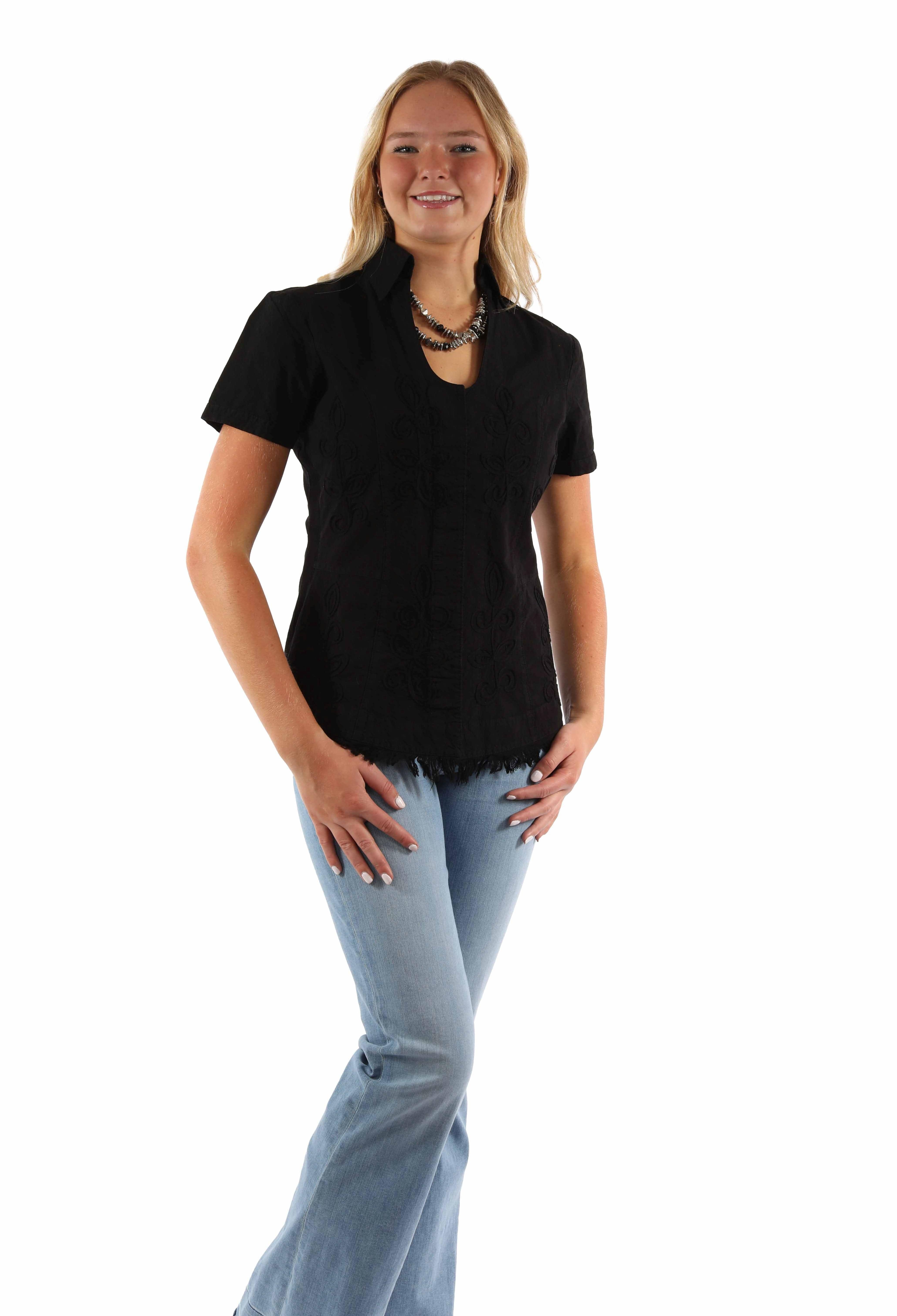 Scully Leather Cantina Short Sleeve Emb. Blouse Black - Scully Leather