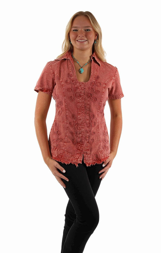 Scully Leather Cantina Short Sleeve Emb. Blouse Red - Scully Leather