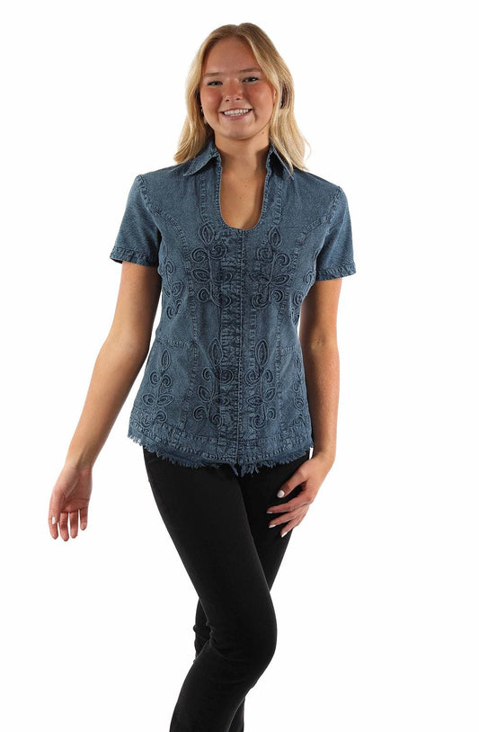 Scully Leather Cantina Short Sleeve Emb. Blouse Navy - Scully Leather