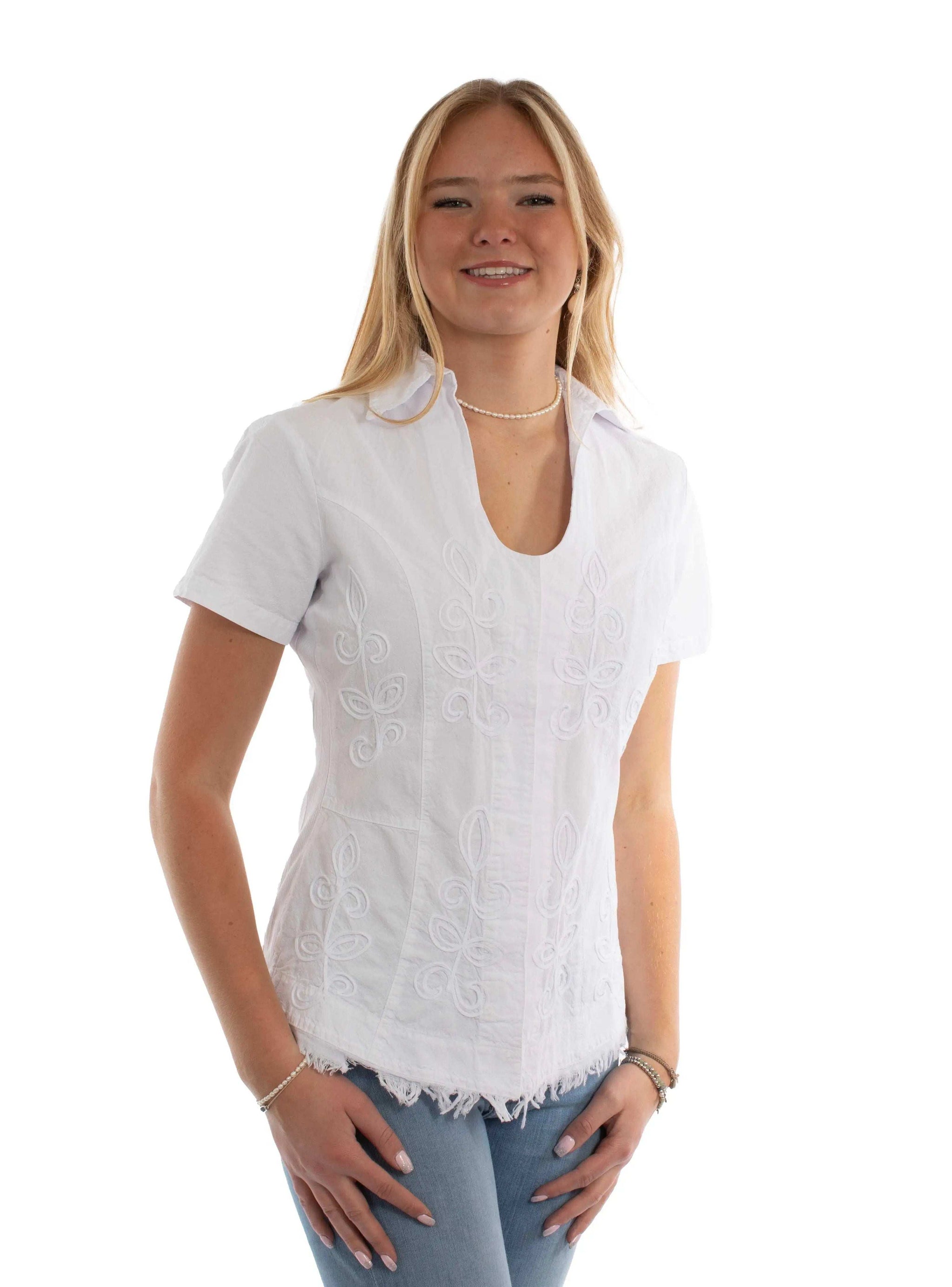 Cantina White Short Sleeve Embroidered Blouse - Scully Leather - Flyclothing LLC