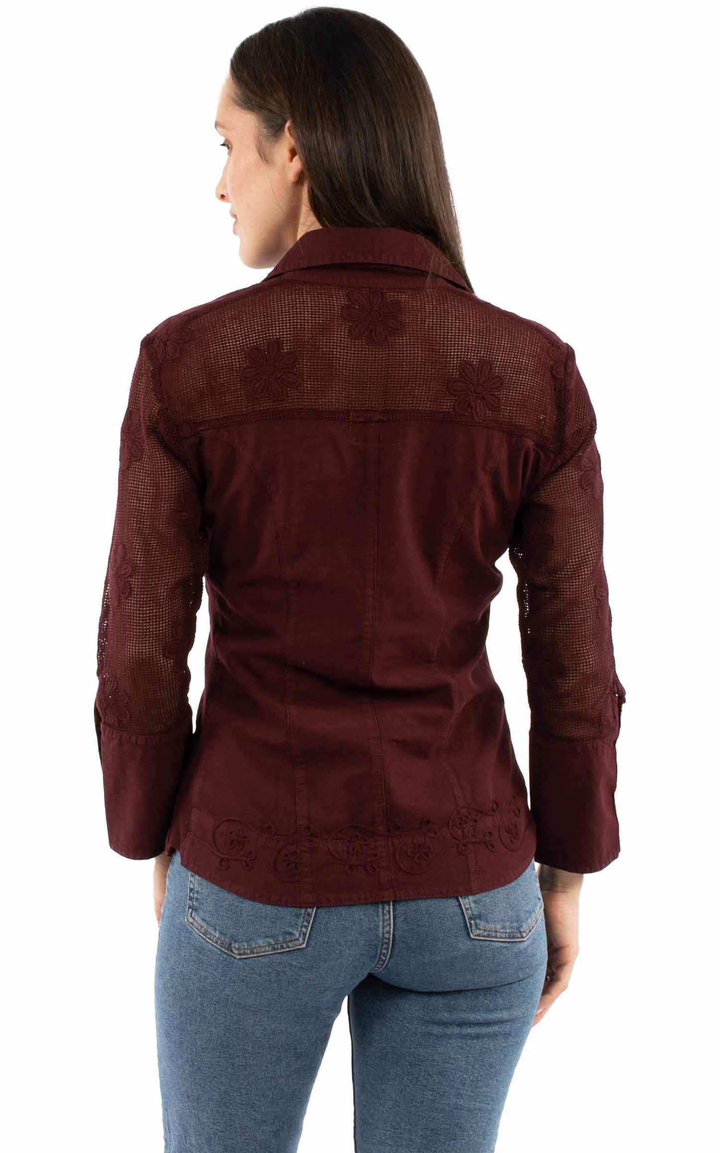 Cantina 100% cotton Burgundy Emb. Blouse w/mesh sleeves - Scully Leather - Flyclothing LLC