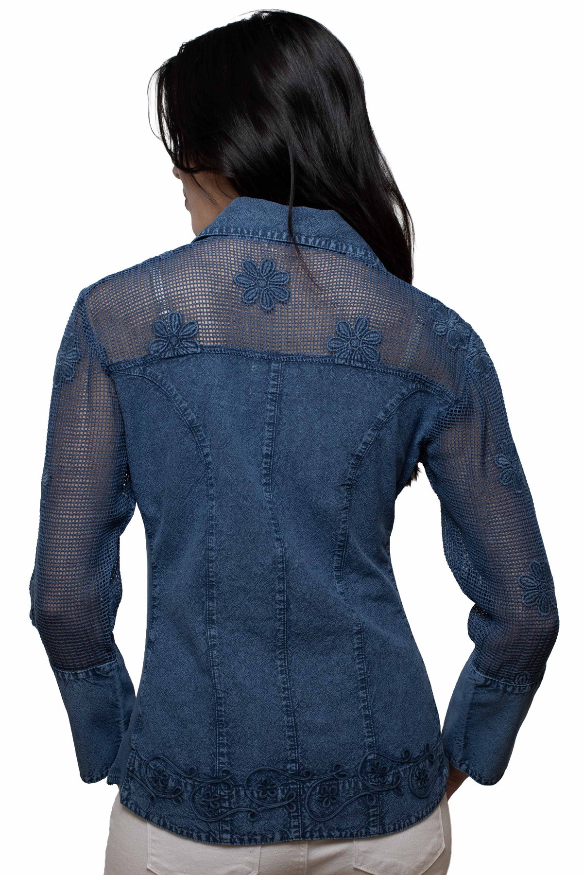 Scully Dark Blue Emb. Blouse W/Mesh Sleeves