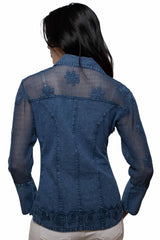Scully Dark Blue Emb. Blouse W/Mesh Sleeves