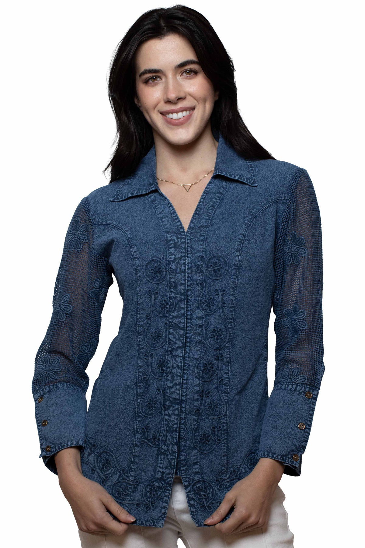 Scully Dark Blue Emb. Blouse W/Mesh Sleeves