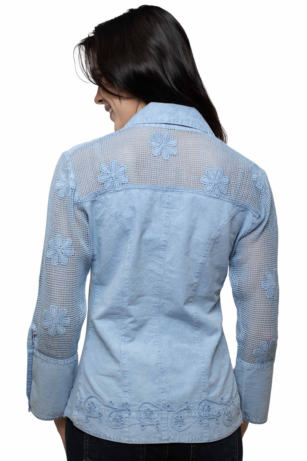 Scully Distressed Sky Blue Emb. Blouse W/Mesh Sleeves