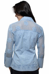 Scully Distressed Sky Blue Emb. Blouse W/Mesh Sleeves
