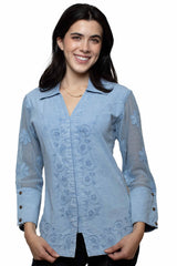 Scully Distressed Sky Blue Emb. Blouse W/Mesh Sleeves
