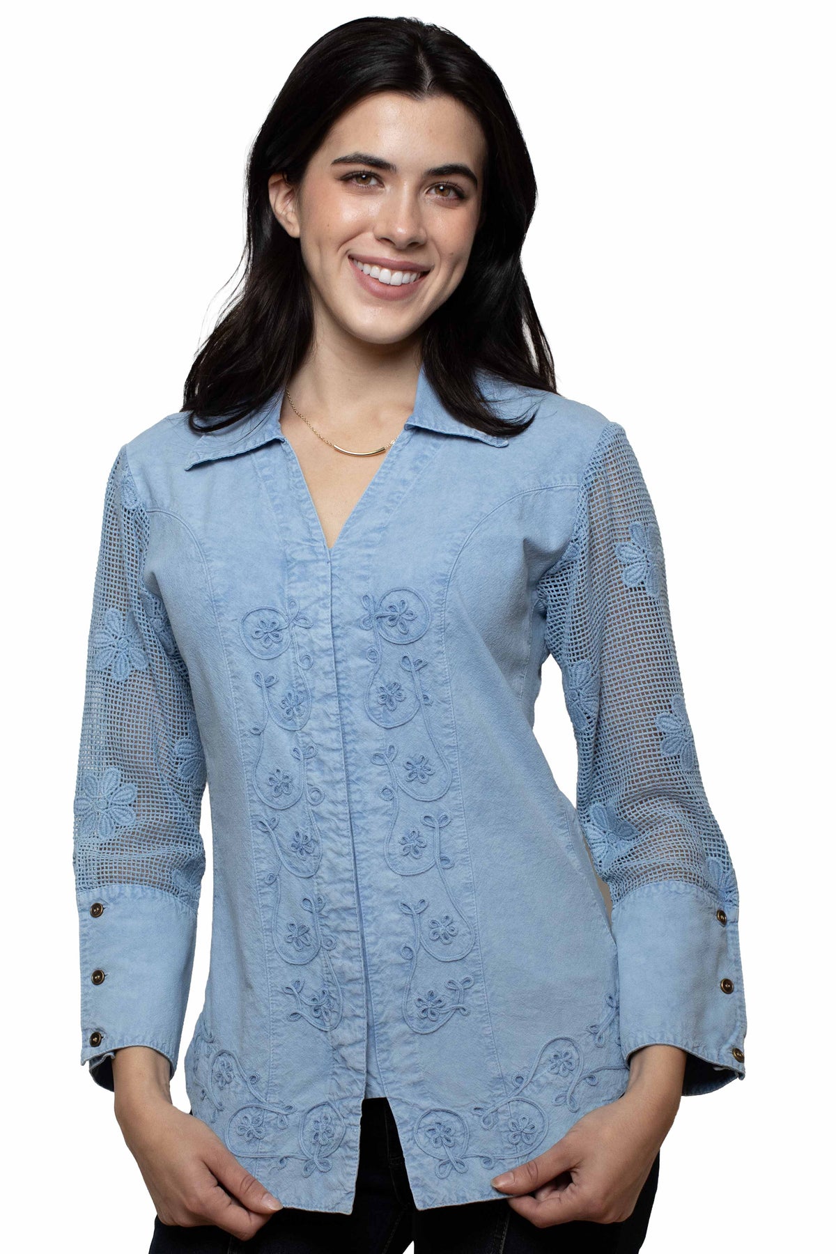 Scully Distressed Sky Blue Emb. Blouse W/Mesh Sleeves