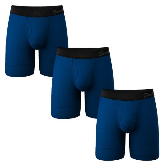 The Package Deal | Long Leg Navy Blue Ball Hammock® Pouch Underwear With Fly 3 Pack - Shinesty