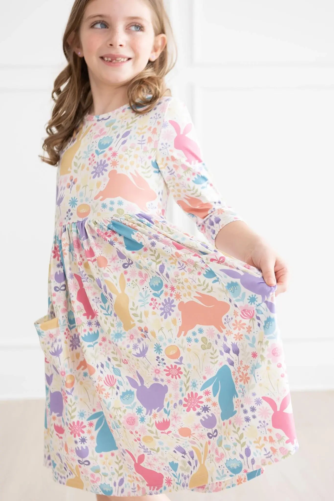 Pastel Floral Bunnies 3/4 Sleeve Pocket Twirl Dress - Mila & Rose ® - Flyclothing LLC