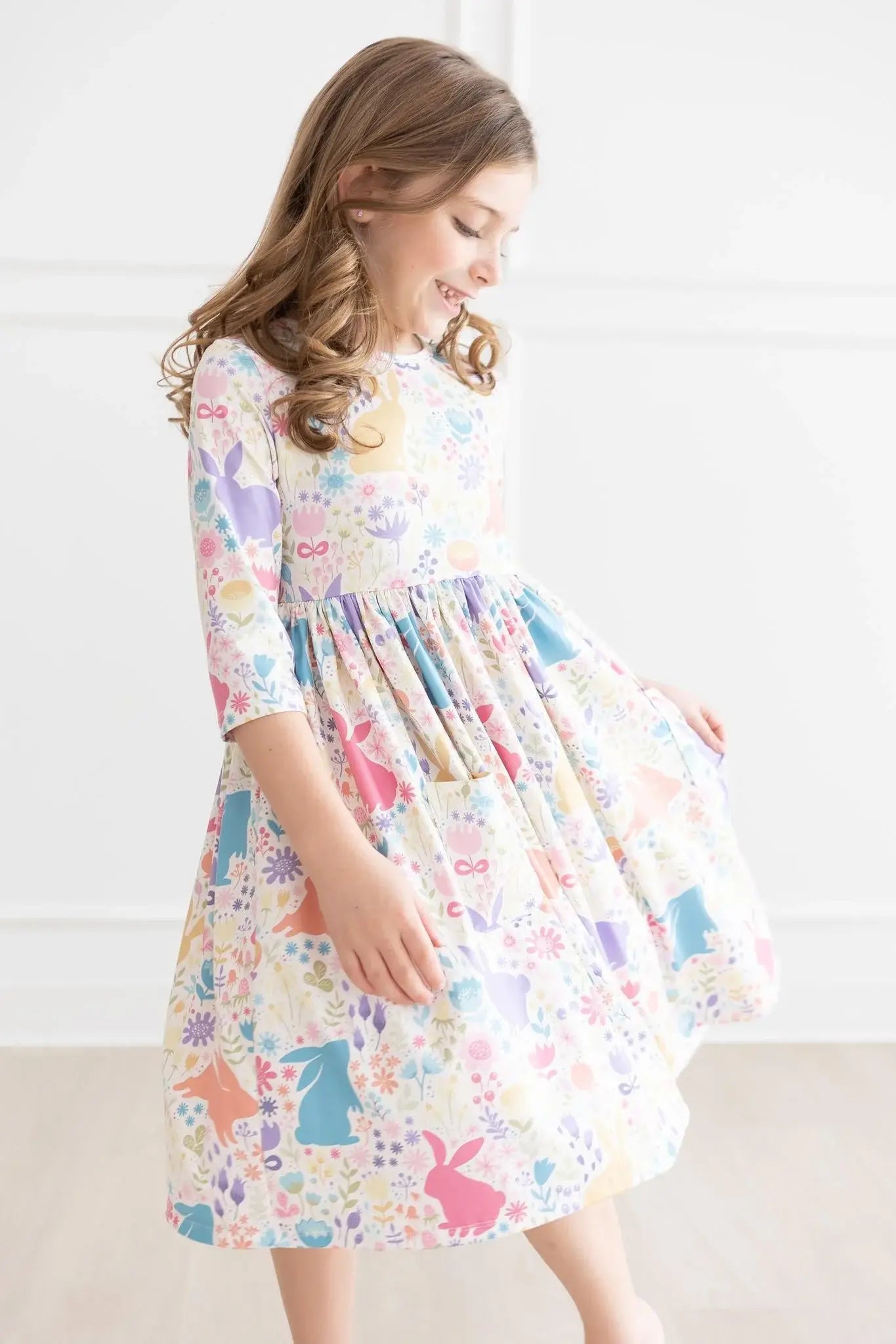 Pastel Floral Bunnies 3/4 Sleeve Pocket Twirl Dress - Mila & Rose ® - Flyclothing LLC