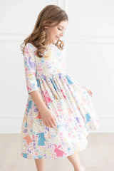 Pastel Floral Bunnies 3/4 Sleeve Pocket Twirl Dress - Mila & Rose ® - Flyclothing LLC