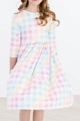 Pastel Plaid 3/4 Sleeve Pocket Twirl Dress - Mila & Rose ® - Flyclothing LLC