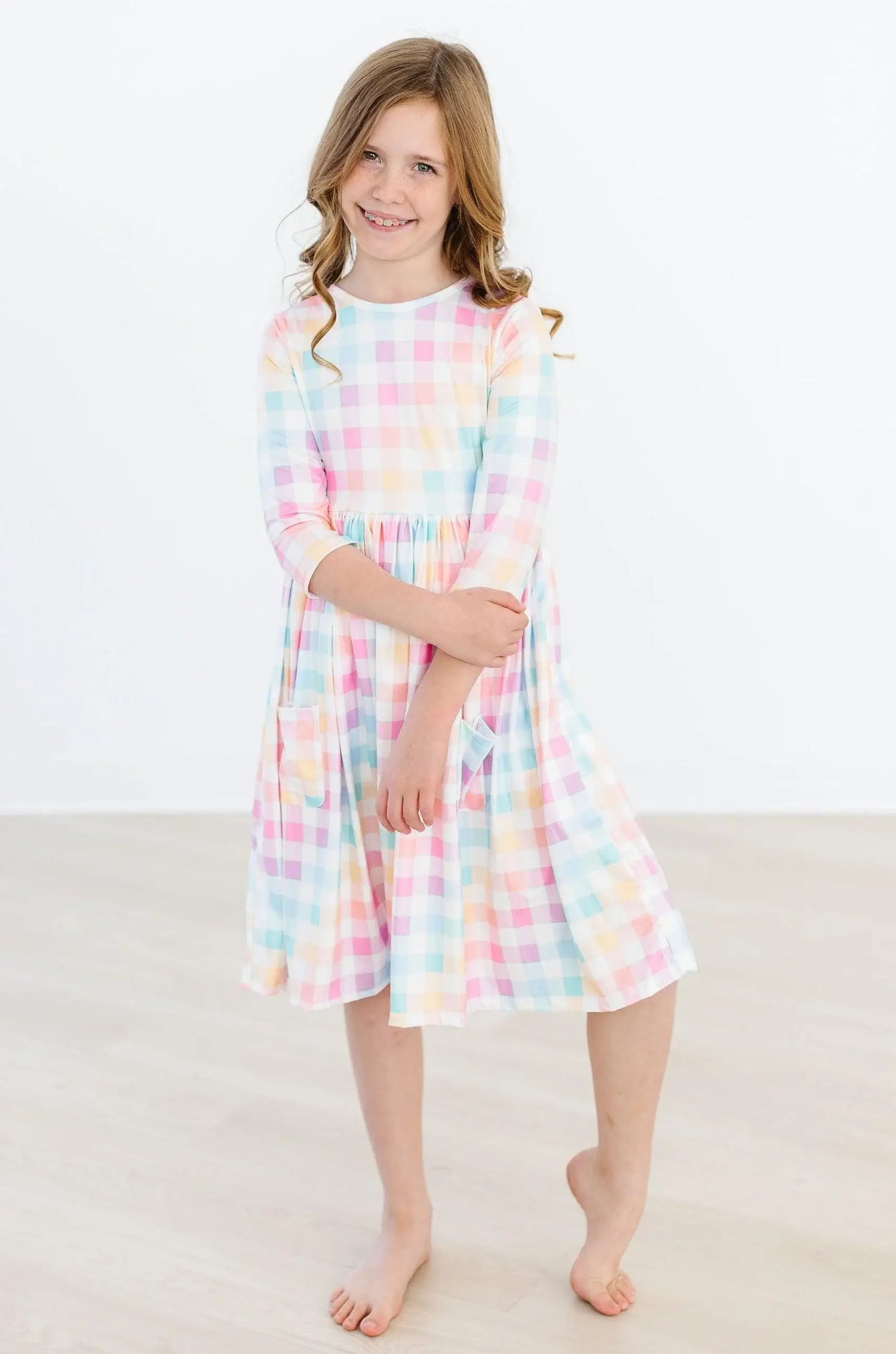 Pastel Plaid 3/4 Sleeve Pocket Twirl Dress - Mila & Rose ® - Flyclothing LLC