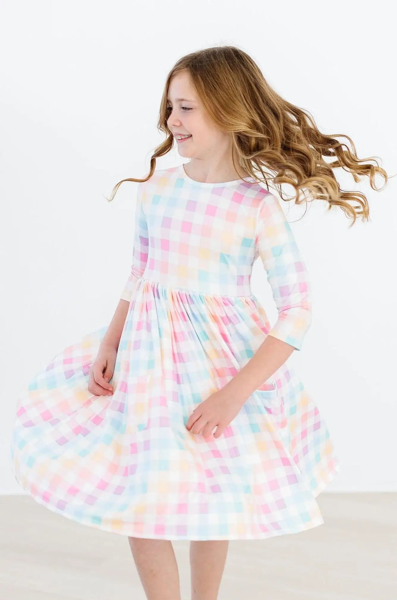 Pastel Plaid 3/4 Sleeve Pocket Twirl Dress - Mila & Rose ® - Flyclothing LLC