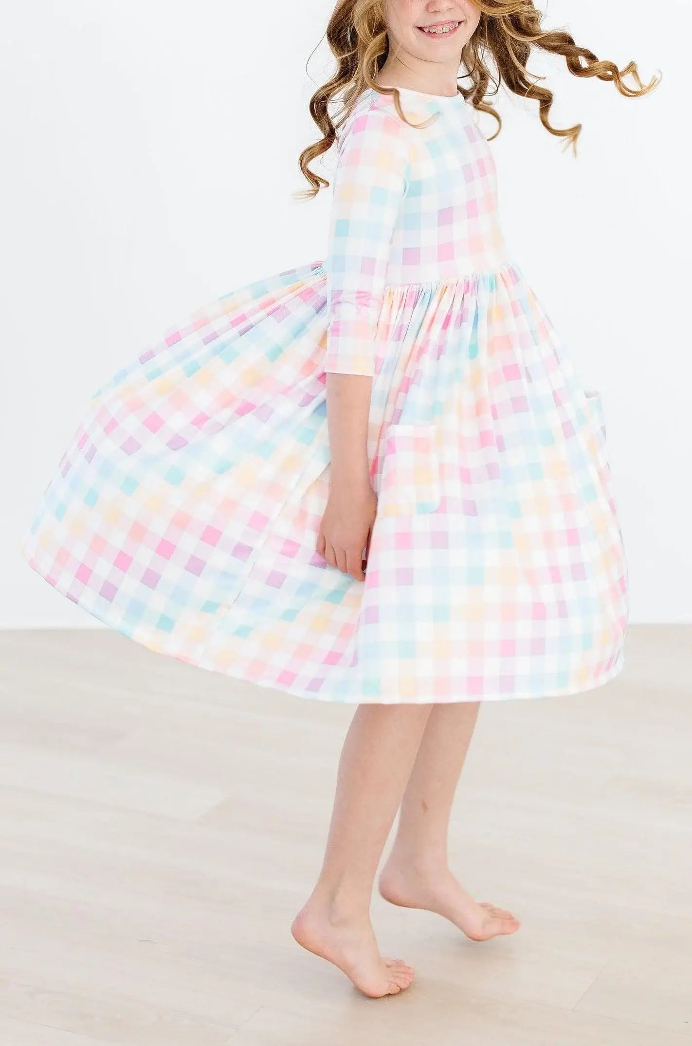 Pastel Plaid 3/4 Sleeve Pocket Twirl Dress - Mila & Rose ® - Flyclothing LLC