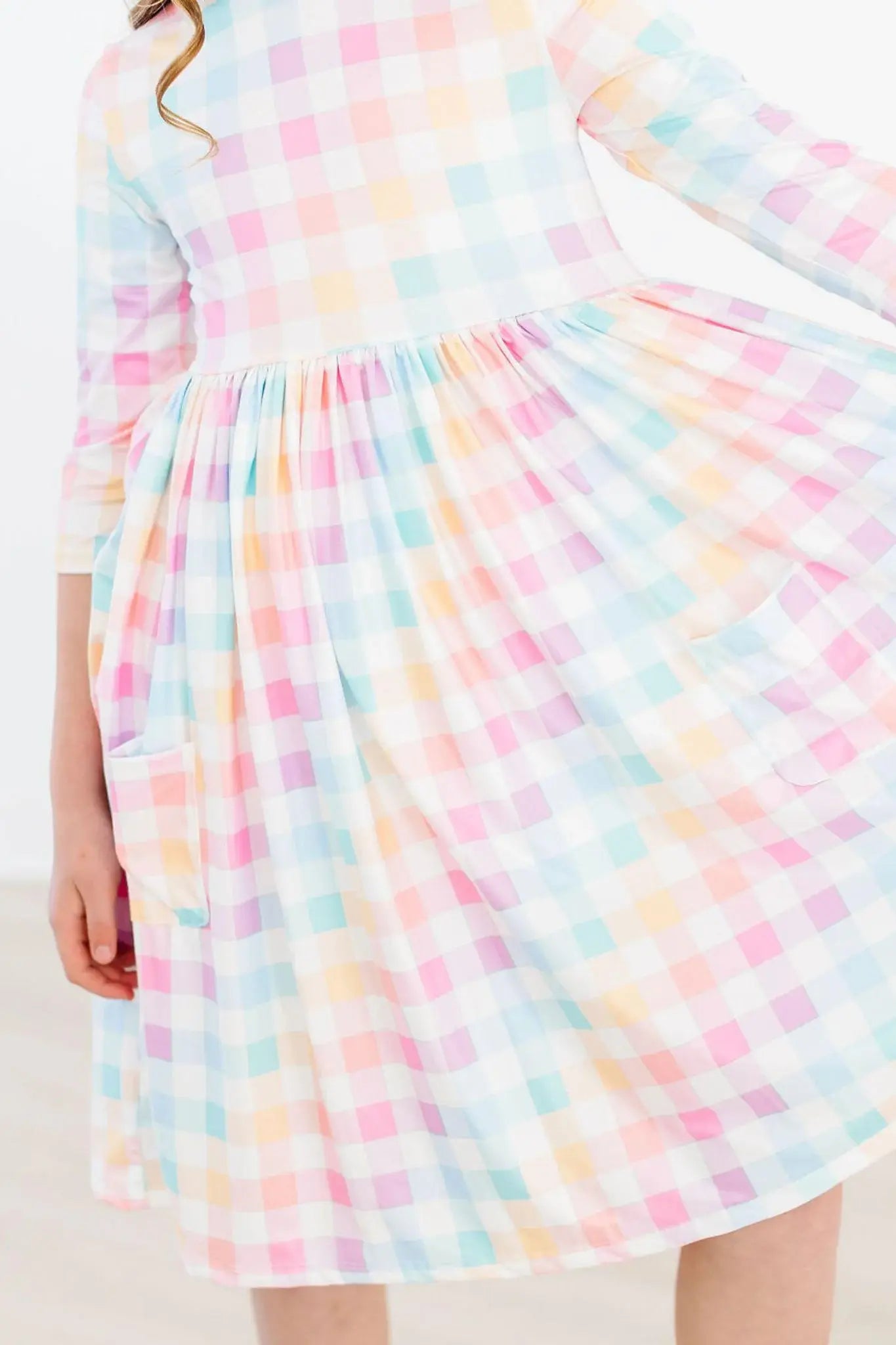 Pastel Plaid 3/4 Sleeve Pocket Twirl Dress - Mila & Rose ® - Flyclothing LLC