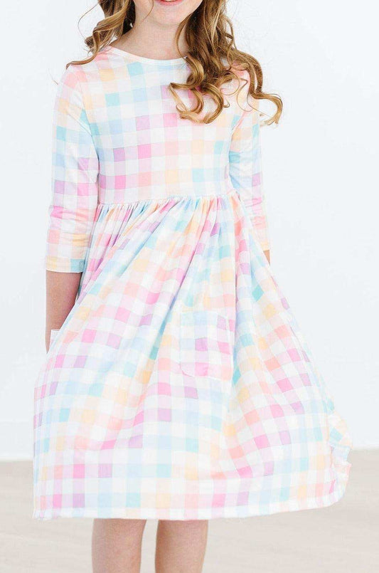 Pastel Plaid 3/4 Sleeve Pocket Twirl Dress - Mila & Rose ® - Flyclothing LLC