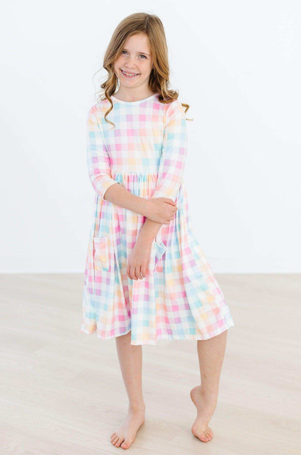 Pastel Plaid 3/4 Sleeve Pocket Twirl Dress - Mila & Rose ® - Flyclothing LLC