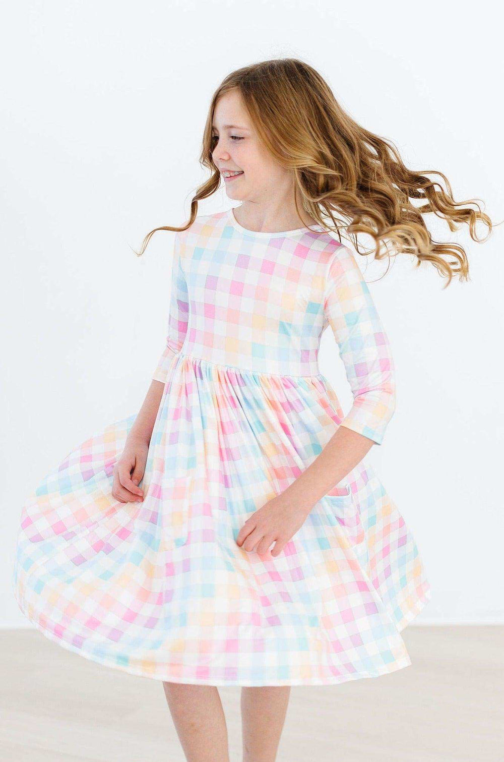 Pastel Plaid 3/4 Sleeve Pocket Twirl Dress - Mila & Rose ® - Flyclothing LLC