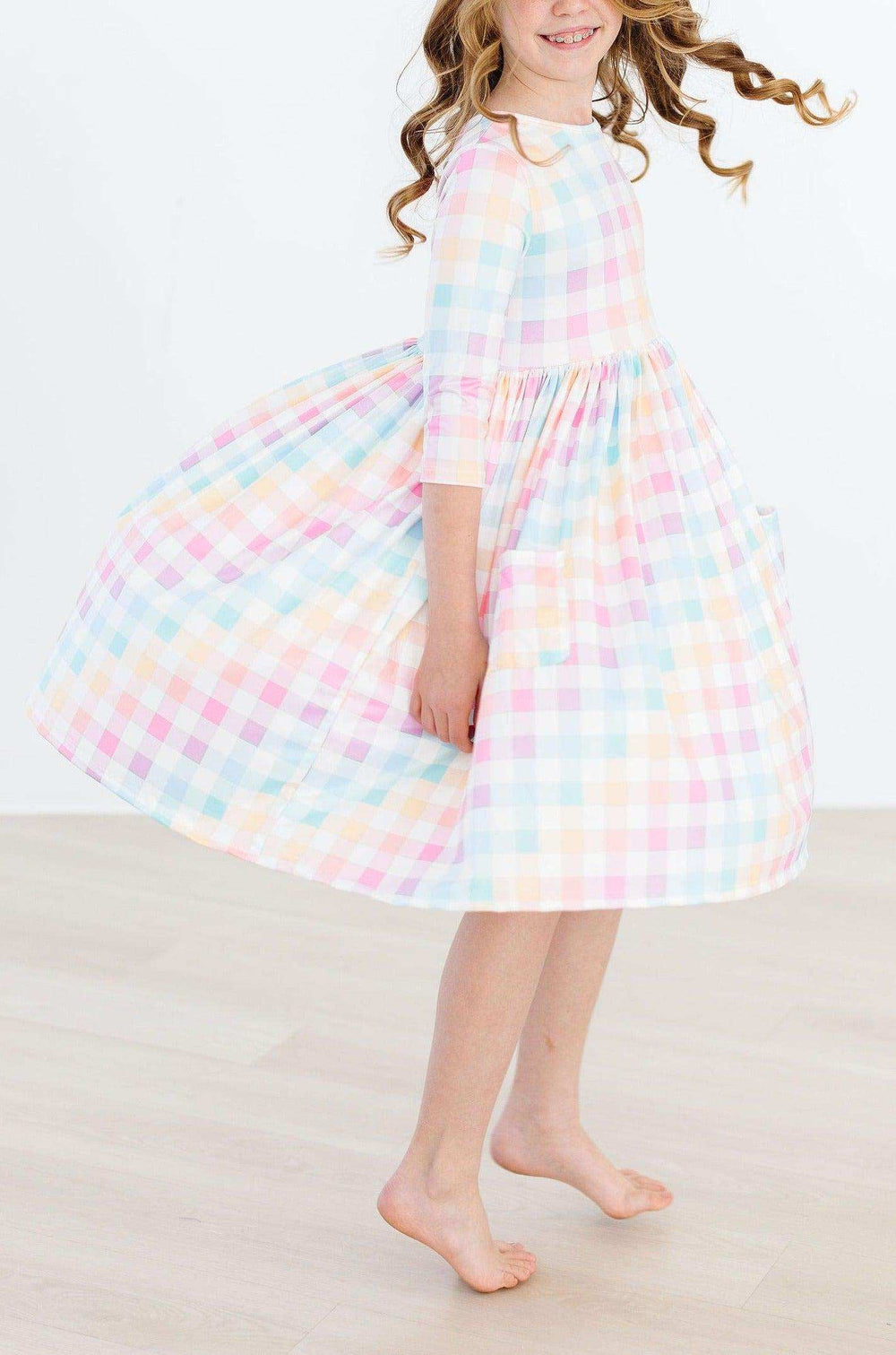 Pastel Plaid 3/4 Sleeve Pocket Twirl Dress - Mila & Rose ® - Flyclothing LLC