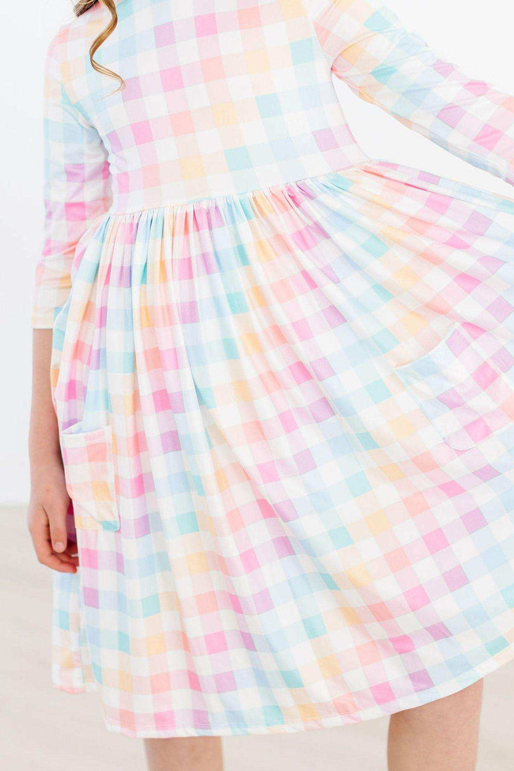 Pastel Plaid 3/4 Sleeve Pocket Twirl Dress - Mila & Rose ® - Flyclothing LLC