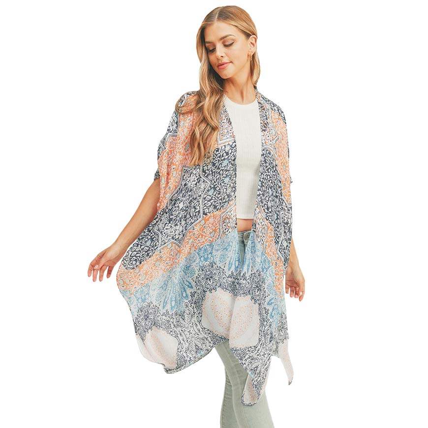 Floral Leaf Patterned Cover Up Kimono Poncho - Madeline Love - Flyclothing LLC
