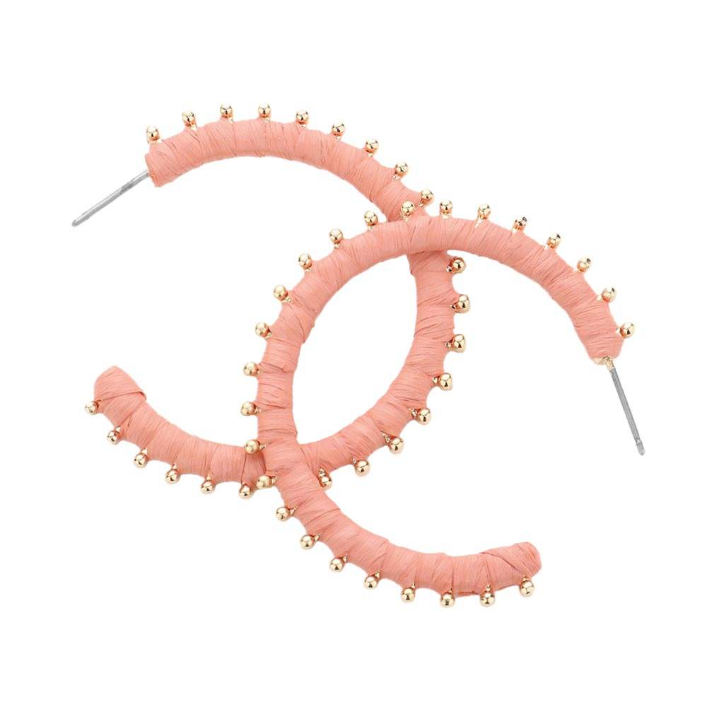 Metal Ball Trimmed Raffia Wrapped Hoop Earrings - Madeline Love - Flyclothing LLC