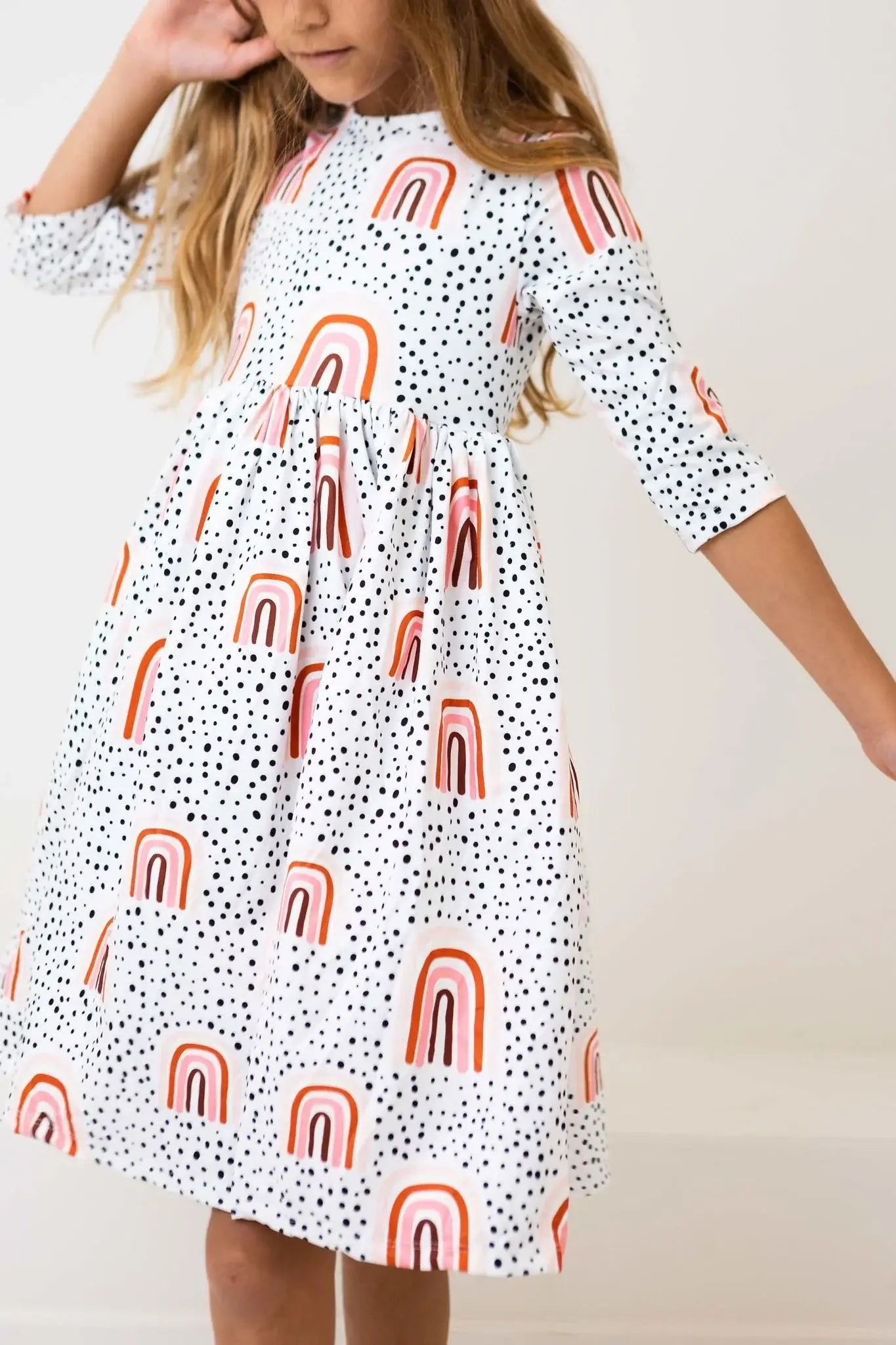Peach Rainbow 3/4 Sleeve Pocket Twirl Dress - Mila & Rose ® - Flyclothing LLC