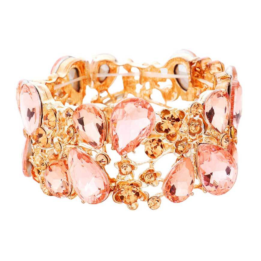 Glass Crystal Teardrop Floral Stretch Evening Bracelet - Madeline Love - Flyclothing LLC