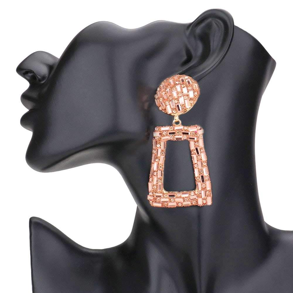 Stone Embellished Chunky Open Rectangle Evening Earrings - Madeline Love - Flyclothing LLC